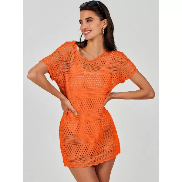imageANRABESS Women Swimsuit Crochet Swim Cover Up Summer Bathing Suit Swimwear Knit Short Sleeve Pullover Beach DressOrange