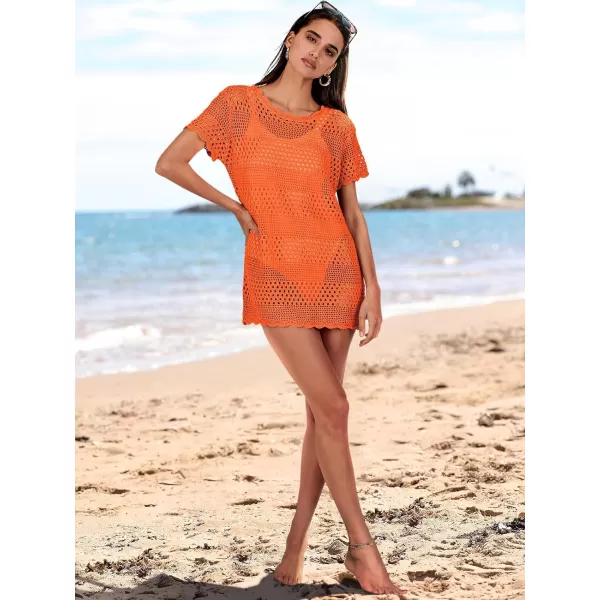 imageANRABESS Women Swimsuit Crochet Swim Cover Up Summer Bathing Suit Swimwear Knit Short Sleeve Pullover Beach DressOrange