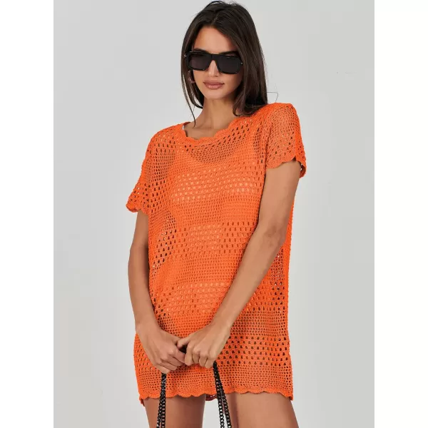 imageANRABESS Women Swimsuit Crochet Swim Cover Up Summer Bathing Suit Swimwear Knit Short Sleeve Pullover Beach DressOrange