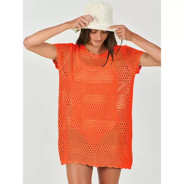 imageANRABESS Women Swimsuit Crochet Swim Cover Up Summer Bathing Suit Swimwear Knit Short Sleeve Pullover Beach DressOrange