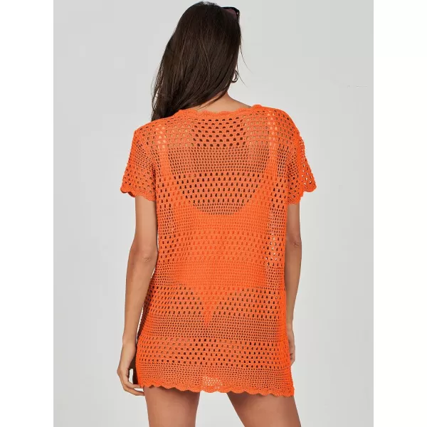 imageANRABESS Women Swimsuit Crochet Swim Cover Up Summer Bathing Suit Swimwear Knit Short Sleeve Pullover Beach DressOrange