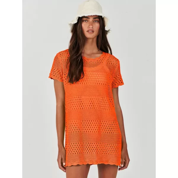 imageANRABESS Women Swimsuit Crochet Swim Cover Up Summer Bathing Suit Swimwear Knit Short Sleeve Pullover Beach DressOrange