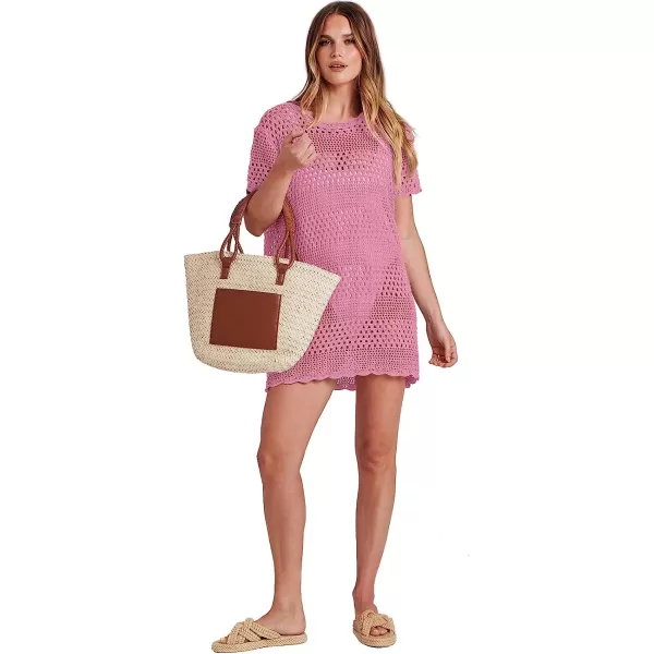 imageANRABESS Women Swimsuit Crochet Swim Cover Up Summer Bathing Suit Swimwear Knit Short Sleeve Pullover Beach DressPink