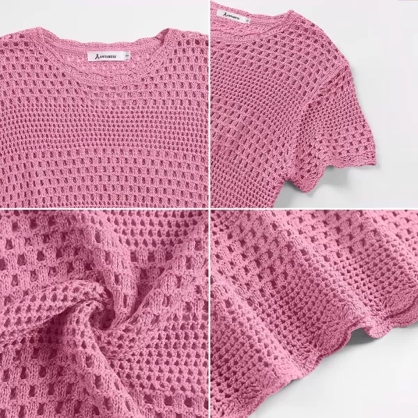 imageANRABESS Women Swimsuit Crochet Swim Cover Up Summer Bathing Suit Swimwear Knit Short Sleeve Pullover Beach DressPink