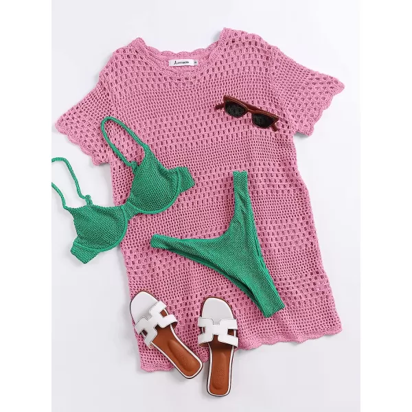 imageANRABESS Women Swimsuit Crochet Swim Cover Up Summer Bathing Suit Swimwear Knit Short Sleeve Pullover Beach DressPink