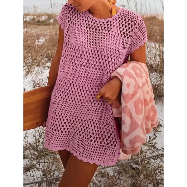 imageANRABESS Women Swimsuit Crochet Swim Cover Up Summer Bathing Suit Swimwear Knit Short Sleeve Pullover Beach DressPink