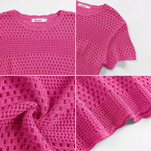 imageANRABESS Women Swimsuit Crochet Swim Cover Up Summer Bathing Suit Swimwear Knit Short Sleeve Pullover Beach DressRose