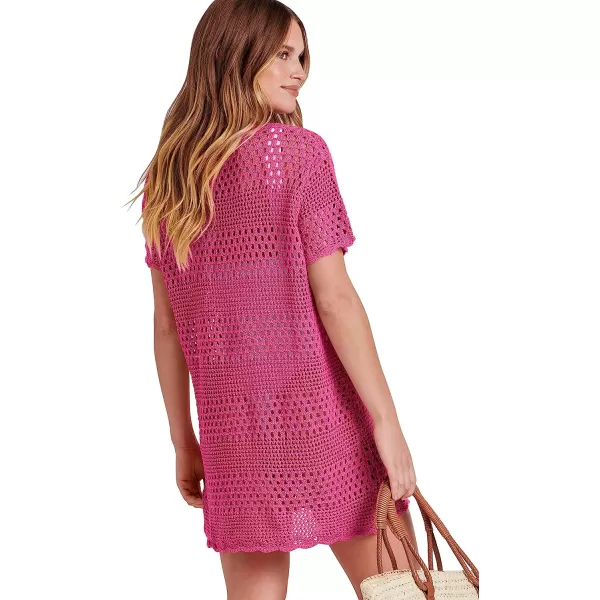 imageANRABESS Women Swimsuit Crochet Swim Cover Up Summer Bathing Suit Swimwear Knit Short Sleeve Pullover Beach DressRose