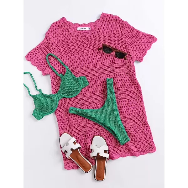 imageANRABESS Women Swimsuit Crochet Swim Cover Up Summer Bathing Suit Swimwear Knit Short Sleeve Pullover Beach DressRose