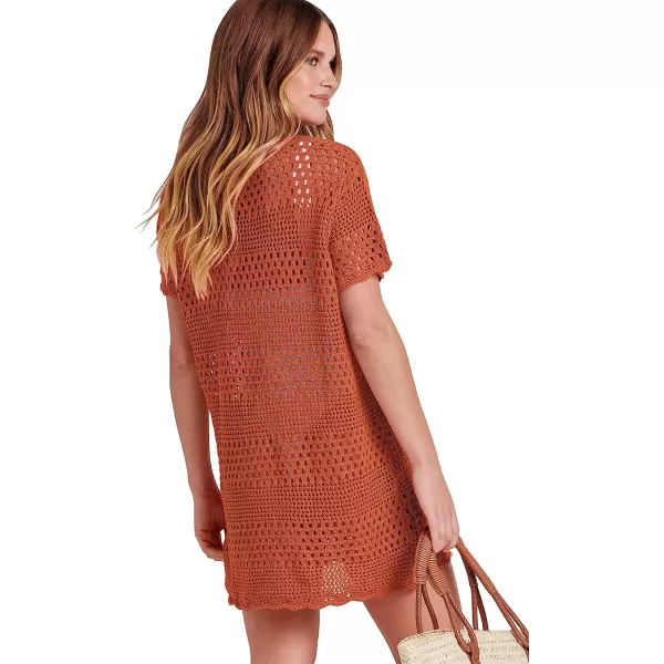 imageANRABESS Women Swimsuit Crochet Swim Cover Up Summer Bathing Suit Swimwear Knit Short Sleeve Pullover Beach DressRust