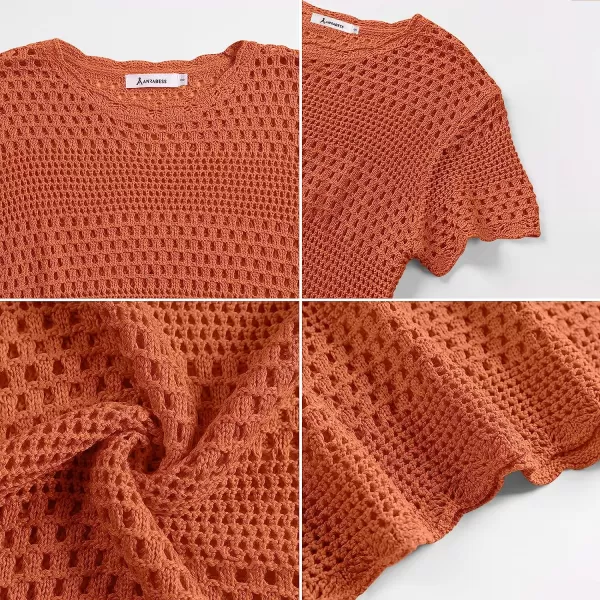 imageANRABESS Women Swimsuit Crochet Swim Cover Up Summer Bathing Suit Swimwear Knit Short Sleeve Pullover Beach DressRust