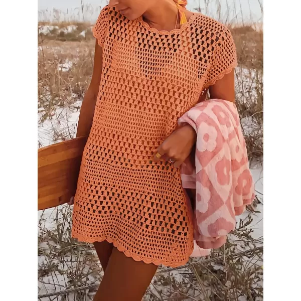 imageANRABESS Women Swimsuit Crochet Swim Cover Up Summer Bathing Suit Swimwear Knit Short Sleeve Pullover Beach DressRust