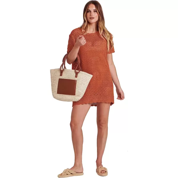imageANRABESS Women Swimsuit Crochet Swim Cover Up Summer Bathing Suit Swimwear Knit Short Sleeve Pullover Beach DressRust
