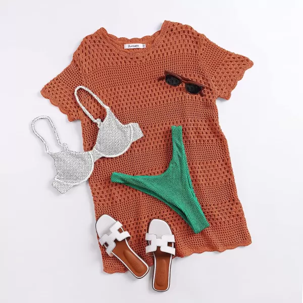 imageANRABESS Women Swimsuit Crochet Swim Cover Up Summer Bathing Suit Swimwear Knit Short Sleeve Pullover Beach DressRust