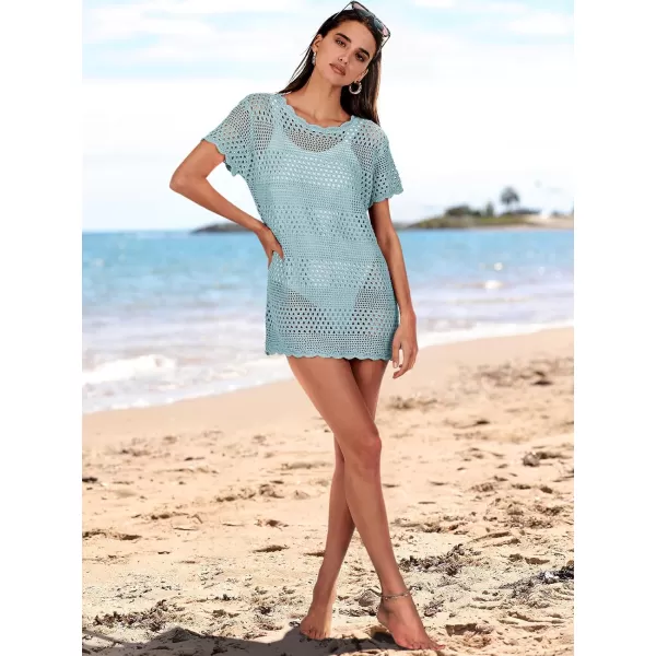 imageANRABESS Women Swimsuit Crochet Swim Cover Up Summer Bathing Suit Swimwear Knit Short Sleeve Pullover Beach DressSky
