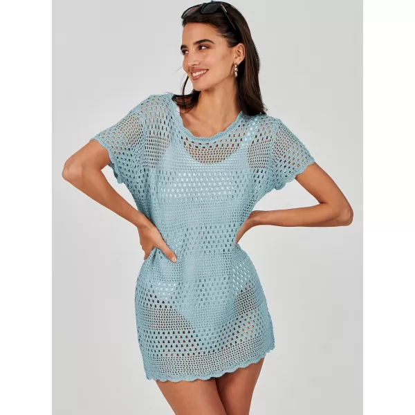 imageANRABESS Women Swimsuit Crochet Swim Cover Up Summer Bathing Suit Swimwear Knit Short Sleeve Pullover Beach DressSky