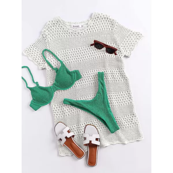 imageANRABESS Women Swimsuit Crochet Swim Cover Up Summer Bathing Suit Swimwear Knit Short Sleeve Pullover Beach DressWhite