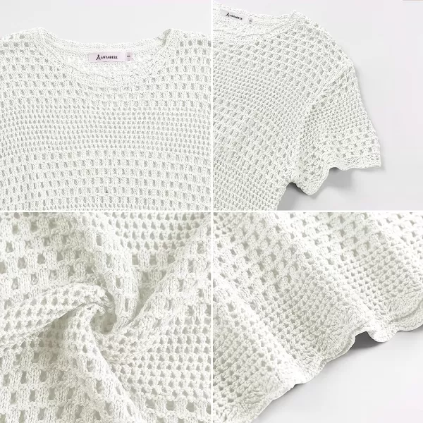 imageANRABESS Women Swimsuit Crochet Swim Cover Up Summer Bathing Suit Swimwear Knit Short Sleeve Pullover Beach DressWhite