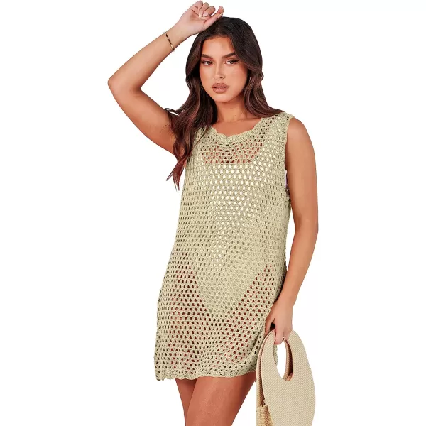 imageANRABESS Women Swimsuit Crochet Swim Cover Up Summer Bathing Suit Swimwear Knit Sleeveless Pullover Beach DressApricot