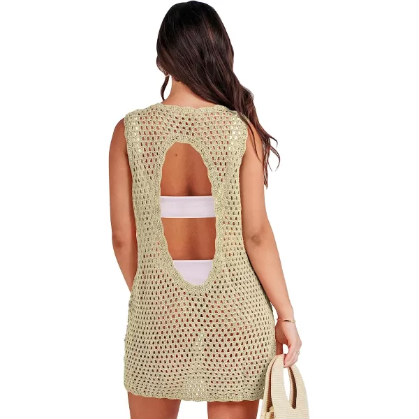 imageANRABESS Women Swimsuit Crochet Swim Cover Up Summer Bathing Suit Swimwear Knit Sleeveless Pullover Beach DressApricot