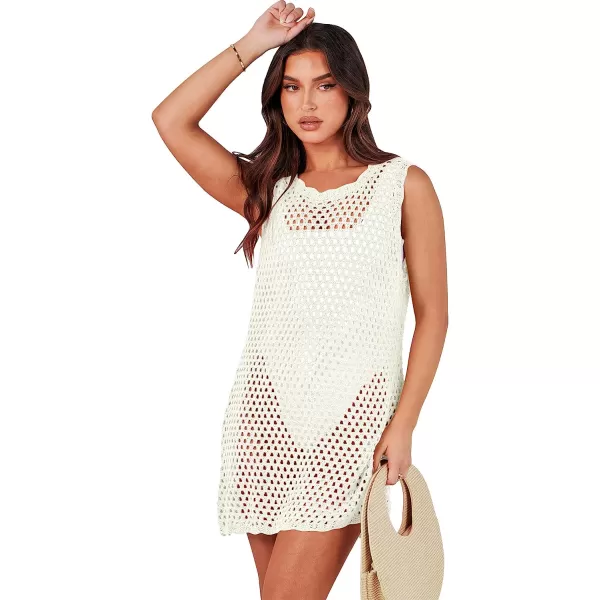 imageANRABESS Women Swimsuit Crochet Swim Cover Up Summer Bathing Suit Swimwear Knit Sleeveless Pullover Beach DressWhite