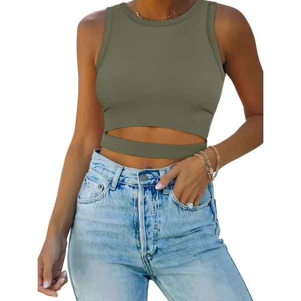 imageANRABESS Women Tank Tops High Neck Sexy Sleeveless Cutout Racer Back Crop TopsArmy Green