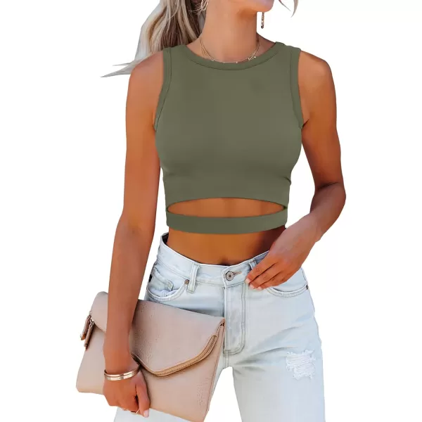 imageANRABESS Women Tank Tops High Neck Sexy Sleeveless Cutout Racer Back Crop TopsArmy Green