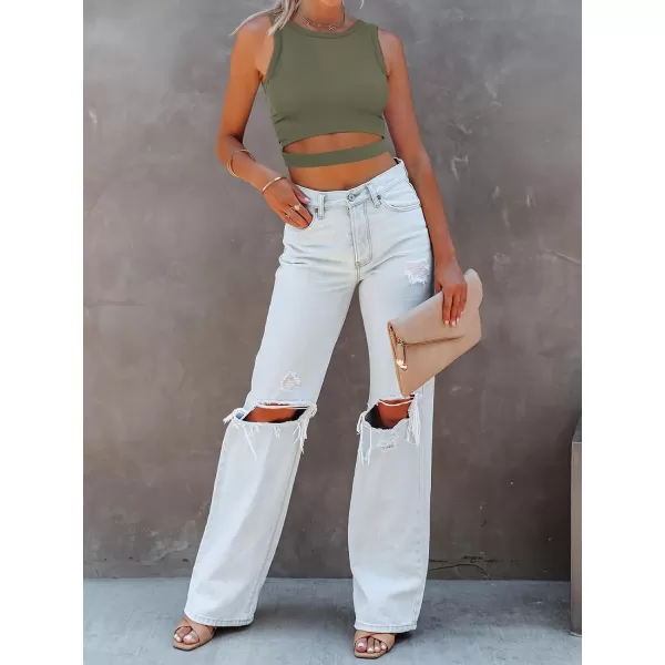 imageANRABESS Women Tank Tops High Neck Sexy Sleeveless Cutout Racer Back Crop TopsArmy Green