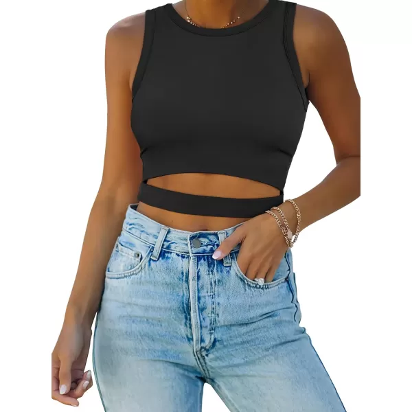 imageANRABESS Women Tank Tops High Neck Sexy Sleeveless Cutout Racer Back Crop TopsBlack