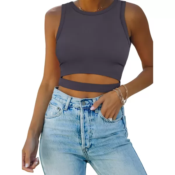 imageANRABESS Women Tank Tops High Neck Sexy Sleeveless Cutout Racer Back Crop TopsDark Gray