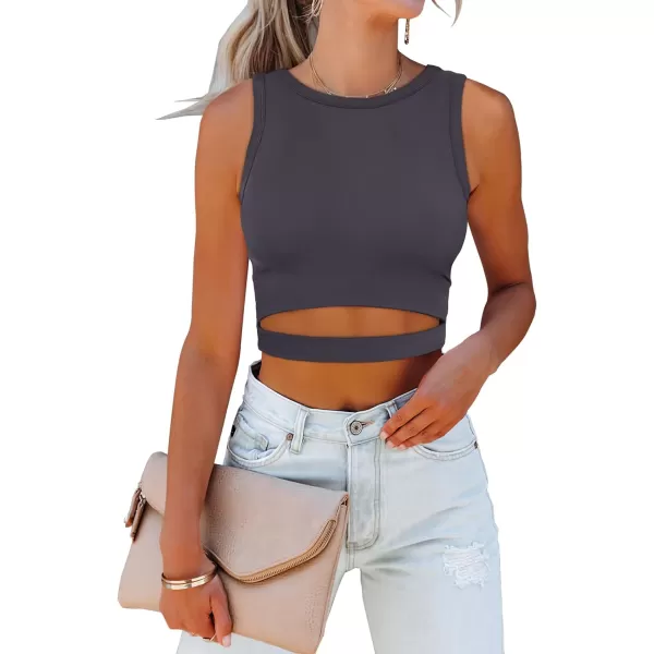 imageANRABESS Women Tank Tops High Neck Sexy Sleeveless Cutout Racer Back Crop TopsDark Gray