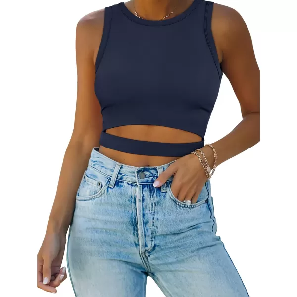 imageANRABESS Women Tank Tops High Neck Sexy Sleeveless Cutout Racer Back Crop TopsNavy Blue