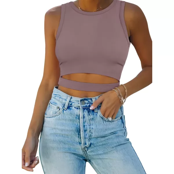 imageANRABESS Women Tank Tops High Neck Sexy Sleeveless Cutout Racer Back Crop TopsNutmeg