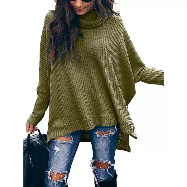 imageANRABESS Women Turtleneck Batwing Sleeve High Low Hem Side Slit Waffle Knit Casual Loose Oversized Sweater TunicArmy Green