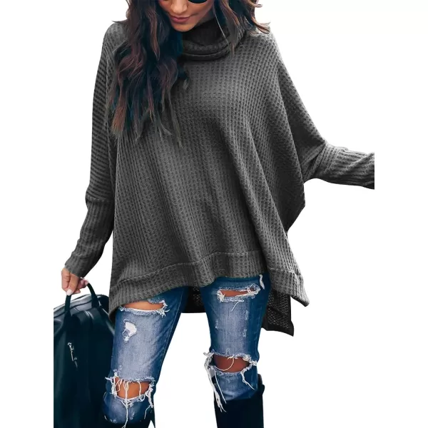 imageANRABESS Women Turtleneck Batwing Sleeve High Low Hem Side Slit Waffle Knit Casual Loose Oversized Sweater TunicGrey