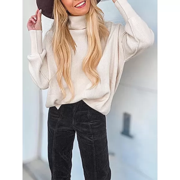 imageANRABESS Women Turtleneck Batwing Sleeve Oversized Side Slit Ribbed Knit Pullover Sweater TopApricot