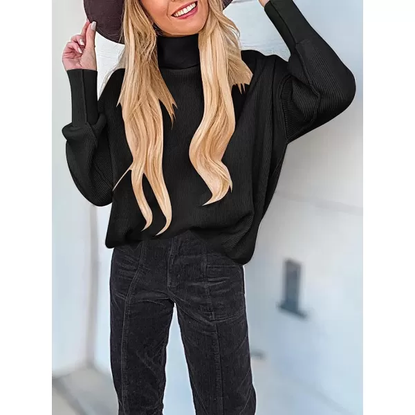 imageANRABESS Women Turtleneck Batwing Sleeve Oversized Side Slit Ribbed Knit Pullover Sweater TopBlack