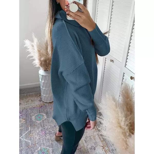 imageANRABESS Women Turtleneck Batwing Sleeve Oversized Side Slit Ribbed Knit Pullover Sweater TopBlue