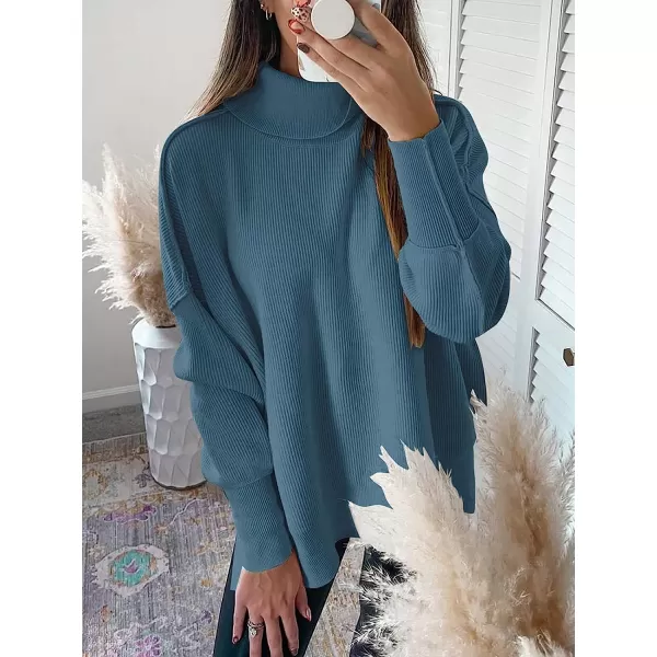 imageANRABESS Women Turtleneck Batwing Sleeve Oversized Side Slit Ribbed Knit Pullover Sweater TopBlue