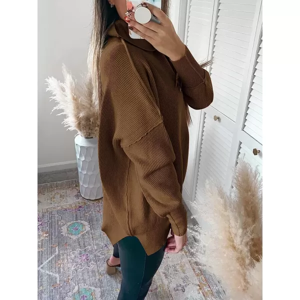 imageANRABESS Women Turtleneck Batwing Sleeve Oversized Side Slit Ribbed Knit Pullover Sweater TopCoffee