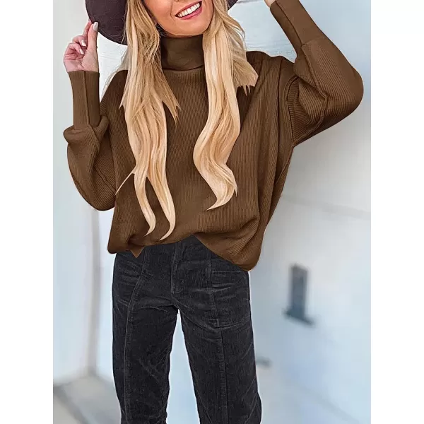 imageANRABESS Women Turtleneck Batwing Sleeve Oversized Side Slit Ribbed Knit Pullover Sweater TopCoffee