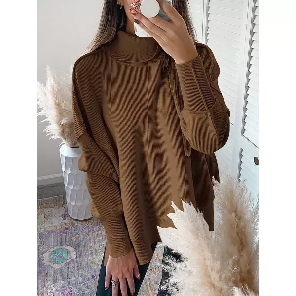 imageANRABESS Women Turtleneck Batwing Sleeve Oversized Side Slit Ribbed Knit Pullover Sweater TopCoffee