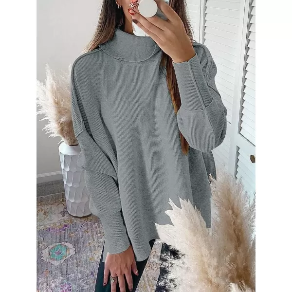 imageANRABESS Women Turtleneck Batwing Sleeve Oversized Side Slit Ribbed Knit Pullover Sweater TopGray