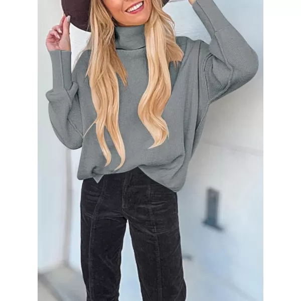 imageANRABESS Women Turtleneck Batwing Sleeve Oversized Side Slit Ribbed Knit Pullover Sweater TopGray