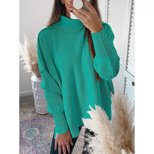 imageANRABESS Women Turtleneck Batwing Sleeve Oversized Side Slit Ribbed Knit Pullover Sweater TopGreen Blue