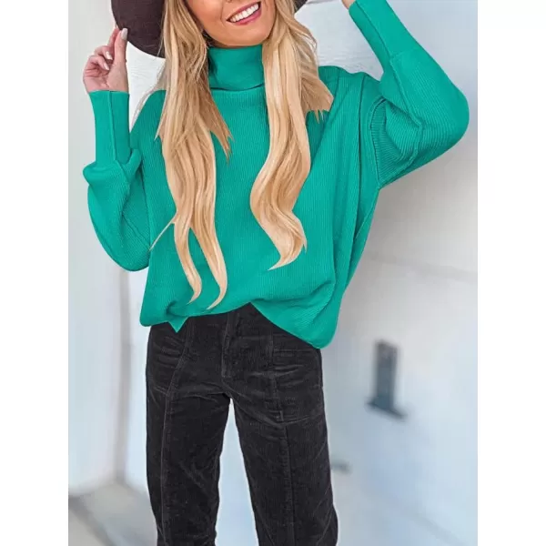 imageANRABESS Women Turtleneck Batwing Sleeve Oversized Side Slit Ribbed Knit Pullover Sweater TopGreen Blue