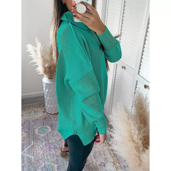 imageANRABESS Women Turtleneck Batwing Sleeve Oversized Side Slit Ribbed Knit Pullover Sweater TopGreen Blue