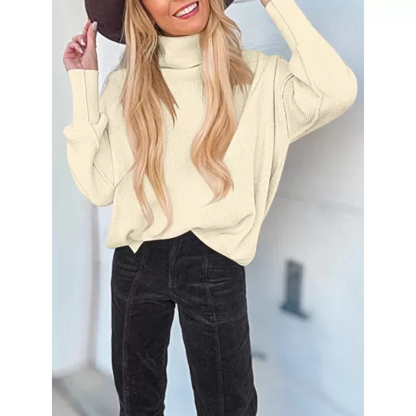 imageANRABESS Women Turtleneck Batwing Sleeve Oversized Side Slit Ribbed Knit Pullover Sweater TopLight Brown