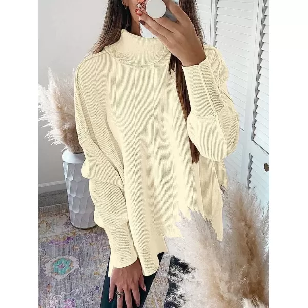 imageANRABESS Women Turtleneck Batwing Sleeve Oversized Side Slit Ribbed Knit Pullover Sweater TopLight Brown