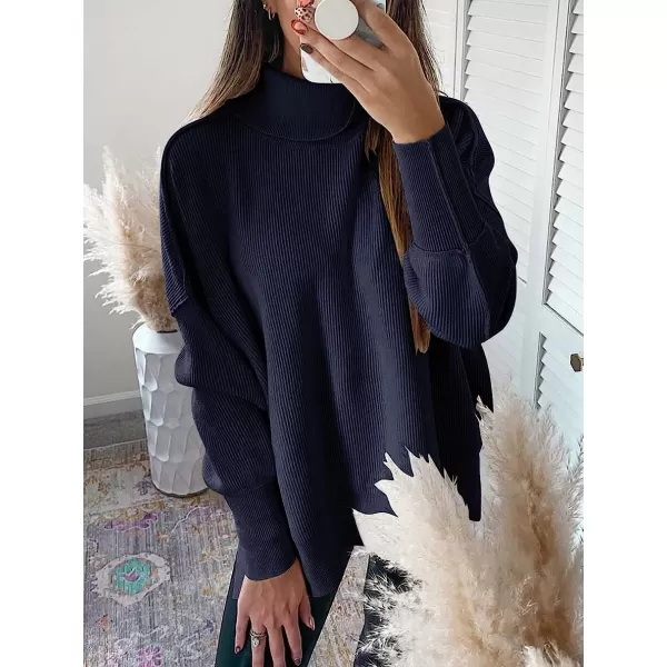 imageANRABESS Women Turtleneck Batwing Sleeve Oversized Side Slit Ribbed Knit Pullover Sweater TopNavy